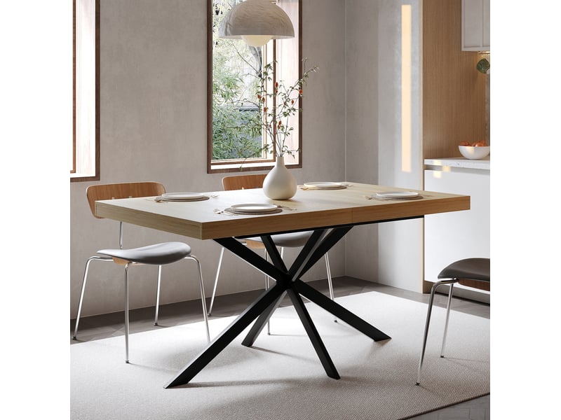  Table de salle à manger extensible 140-180 cm 4 à 6 places, mdf et métal noir avec rangement caché intégré  - Conforama E