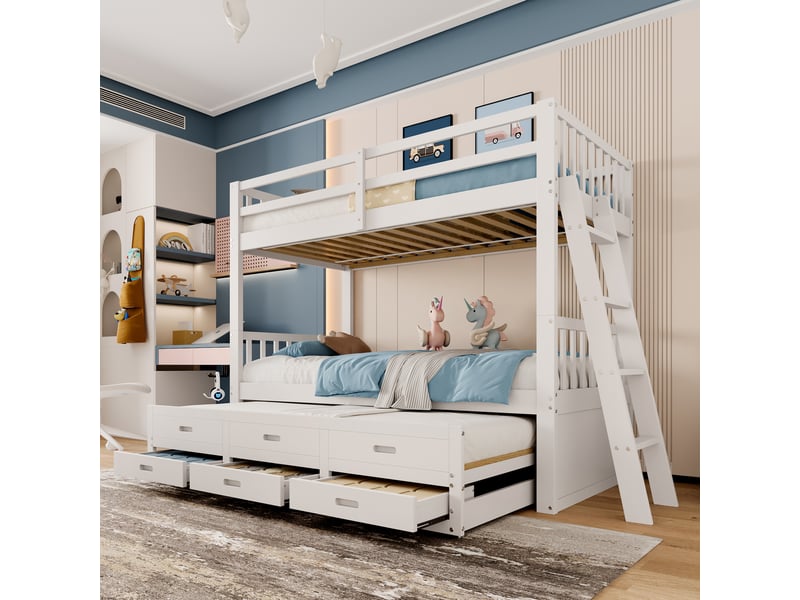 Lit superposé enfant 90x200 lit cabane blanc avec lit gigogne et 3 tiroirs, cadre en bois de pin massif, sécurité optimale. - Conforama B