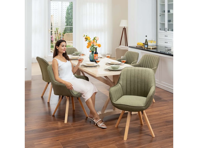  Lot de 6 chaise salle à manger scandinave fauteuil coiffeuse siège pivotant avec accoudoirs rembourré en tissu pieds en bois massif, vert  - Conforama B