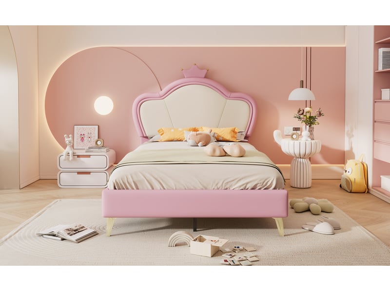  Lit enfant 90x200 cm blanc et rose en pu avec tête de lit rembourrée couronne et pieds métalliques Sol Morn - Conforama B