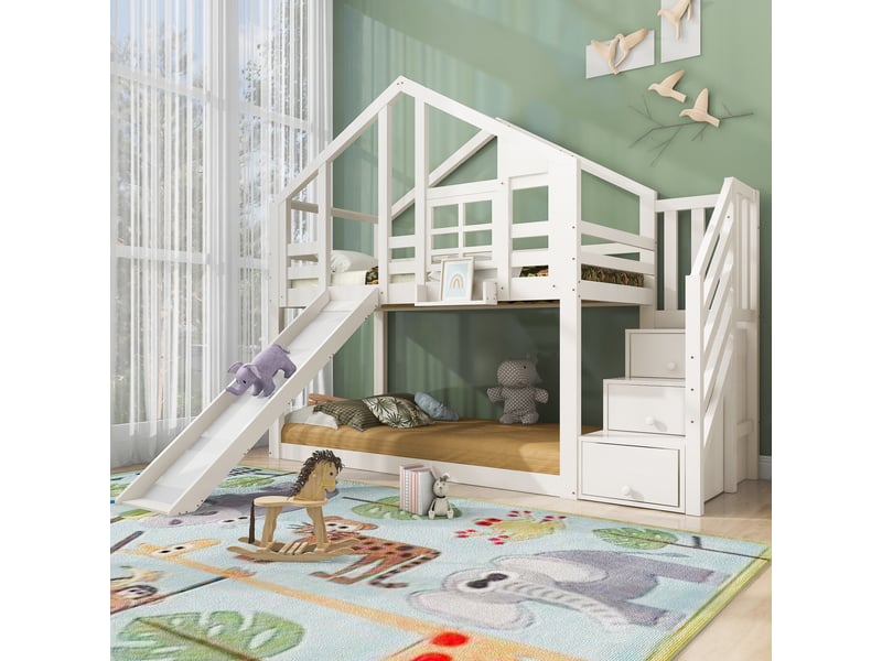 Lit superposé cabane enfant 90 x 200 cm avec toboggan, escalier de rangement, barrières et 2 sommiers, blanc AB400213456W - Conforama B