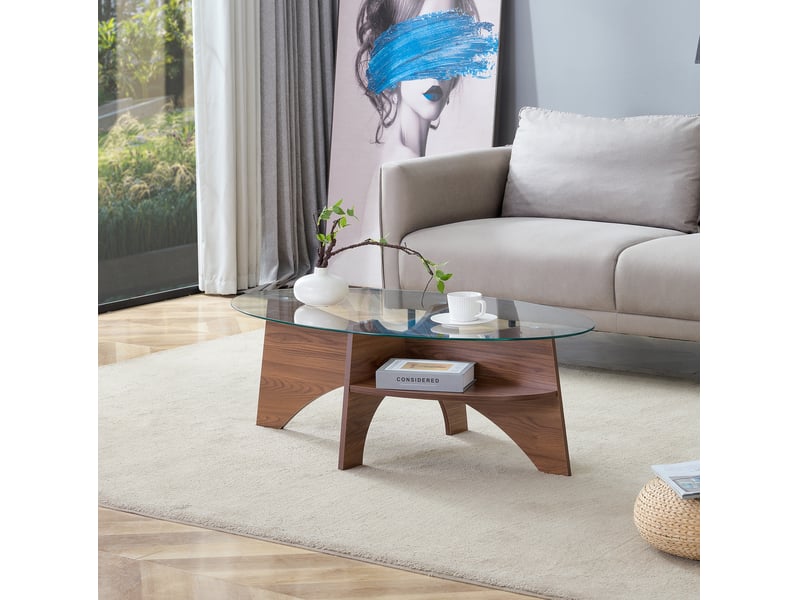  Table basse ovale 104,9 x 60 cm en verre de sécurité avec rangement, noyer  - Conforama E
