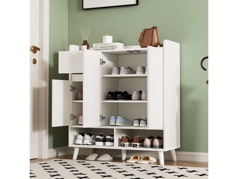 Meuble à chaussures avec étagères réglables, tiroirs et niches ouvertes, blanc, 90 × 35 × 99 cm - Conforama B