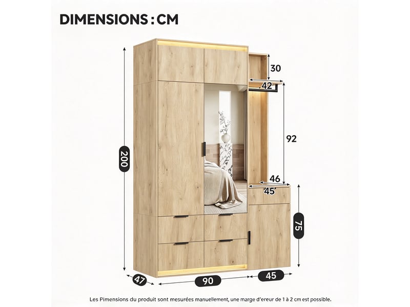  Vestiaire d'entrée 135 x 47 x 200 cm avec 2 tringles, 3 portes, 5 tiroirs, miroir et éclairage led pour chambre, anthracite et chêne  - Conforama C