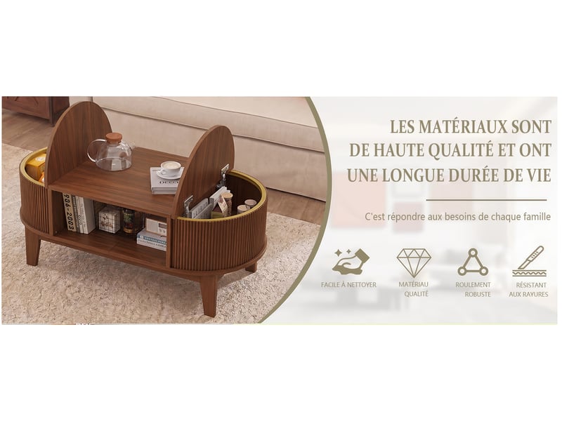  Able basse ovale avec rangement - 100 x 50 x 40.5 cm-noyer - table de salon style rétro avec couvercles rabattables et étagères  - Conforama C