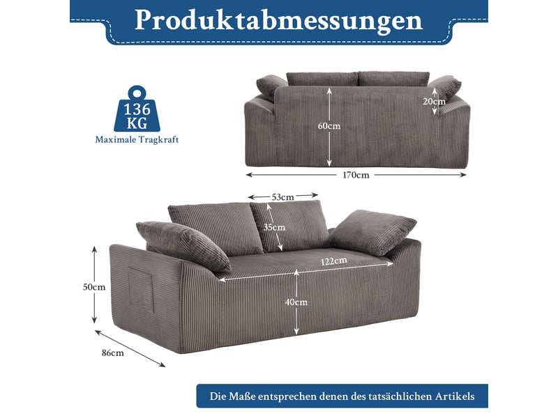  Canapé de sol 2 places avec poches latérales  - assise profonde, tissu - marron et gris  - Conforama D