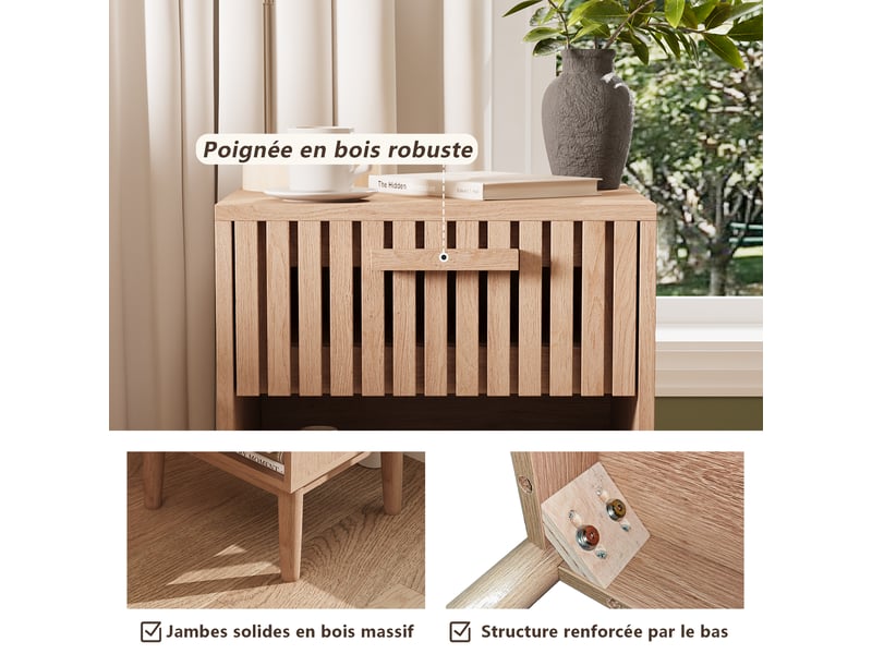  Lot de 2 table de chevet ,table à chevet avec tiroir et compartiment ouvert , bois massif ,motif à rayures,40 x 35 x 55 cm  - Conforama W