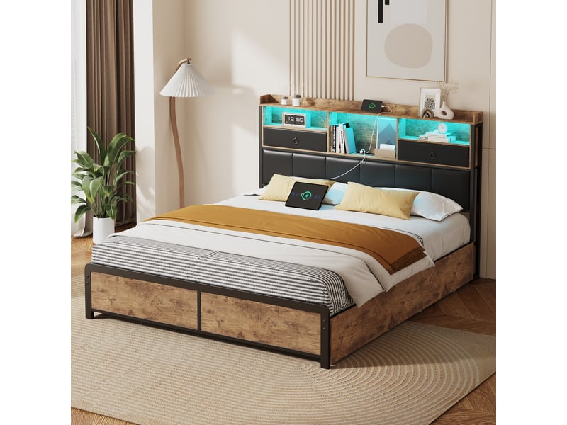  Lit double en fer et bois - 140x200 cm brun rustique et noir  led bleue - tiroirs de rangement - tête de lit avec étagères et prises  - Conforama C