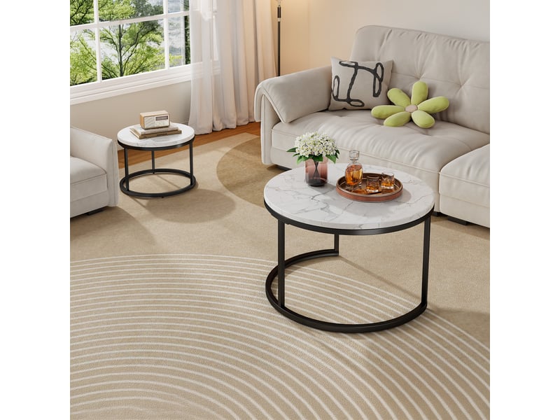  Tcqpz table basse gigogne ronde lot de 2 70x70 cm, structure métal, plateau effet marbre  - Conforama E
