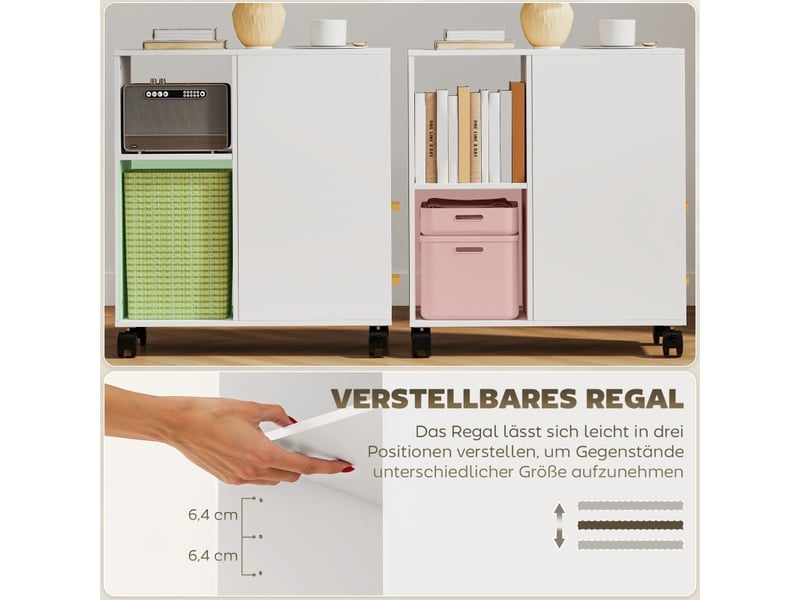 Meuble imprimante 60x30x65 cm blanc avec 2 tiroirs, 3 niches et roulettes - Conforama E