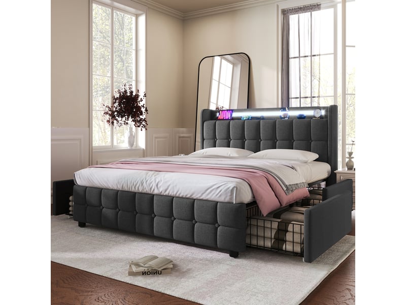  Lit coffre 180x200 cm gris, tête de lit, led, ports usb, 4 tiroirs, sommier bois, sans matelas  - Conforama B