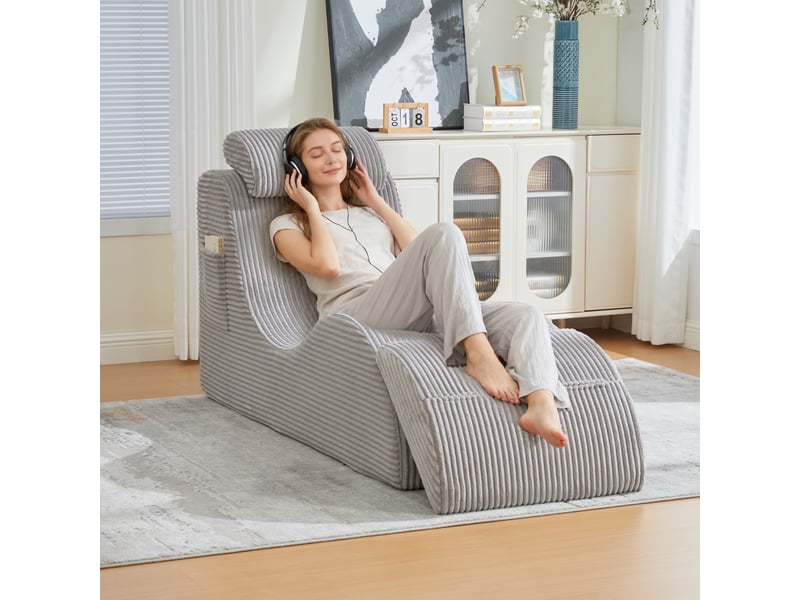  Fauteuil de relaxation individuel ergonomique 160x66x90cm – avec coussin de tête réglable et poche latérale – velours côtelé - gris  - Conforama B