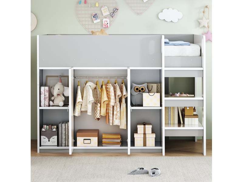  Lit mezzanine, 90x200 cm, échelle de sécurité, étagères, armoire, avec rangement, matelas non inclus, pin, coloris gris  - Conforama E