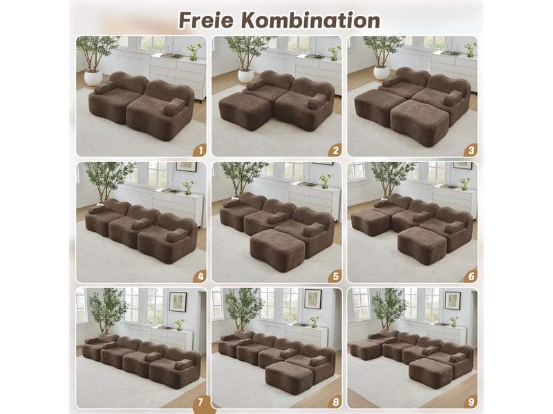  Canapé d'angle modulaire en u 3 places avec 2 poufs, mousse 32d ondulée, assise profonde, accoudoirs amovibles, marron  - Conforama D
