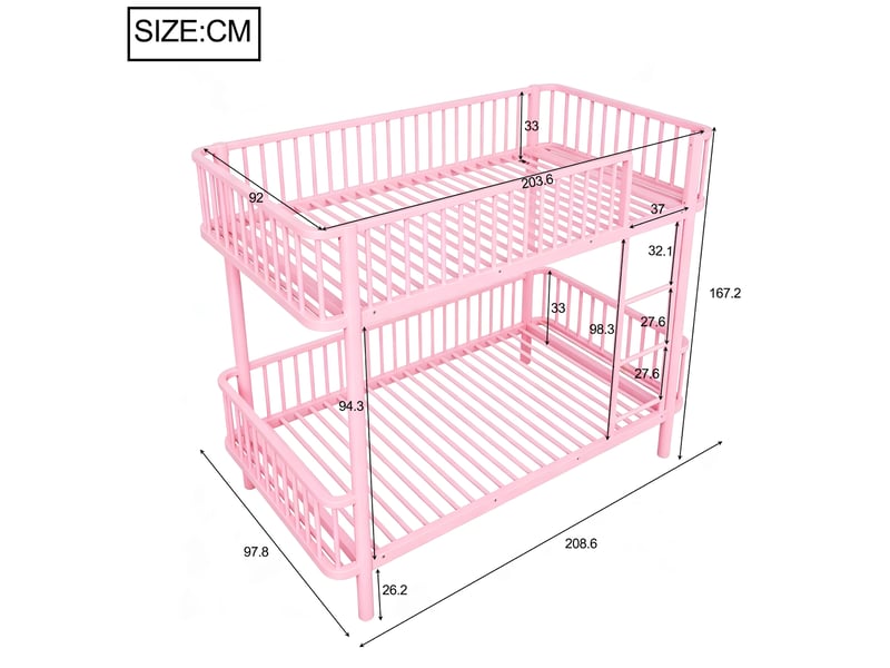  Lit superposé 90 x 200 cm design gain de place avec barrières de sécurité métal rose sans matelas  - Conforama D