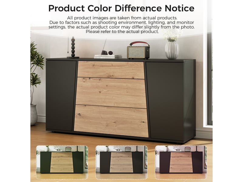 Buffet noir et bois 140 x 35 x 70 cm, meuble de rangement avec 3 tiroirs, 2 portes, étagères réglables et plateau supérieur  - Conforama E