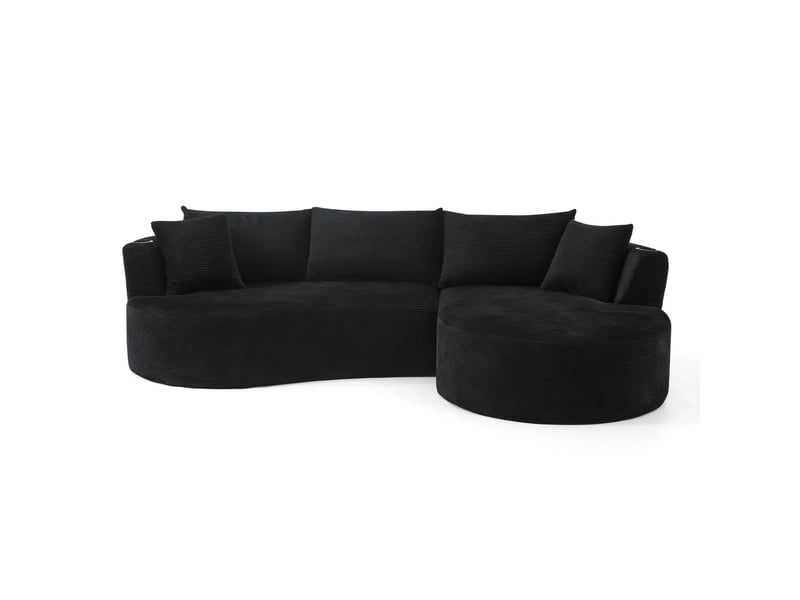 Canapé d'angle avec chaise longue à droite 3 places, design arrondi, porte-gobelets et coussins, en tissu côtelé noir
