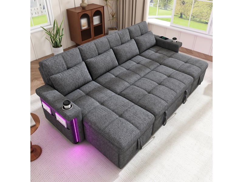 Canapé panoramique convertible en lit 268,5 cm, 4 places en u avec 2 méridiennes de rangement, dossier réglable, led, usbtype-c, chenille, gris - Conforama E
