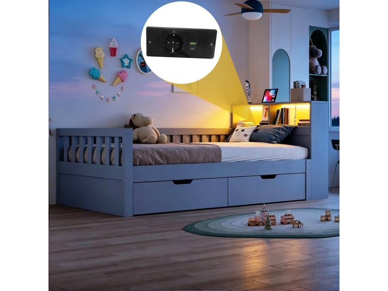 Lit enfant multifonctionnel 90x200 cm - lit simple avec rangement, 2 tiroirs, étagères, led et prises - gris  - Conforama E