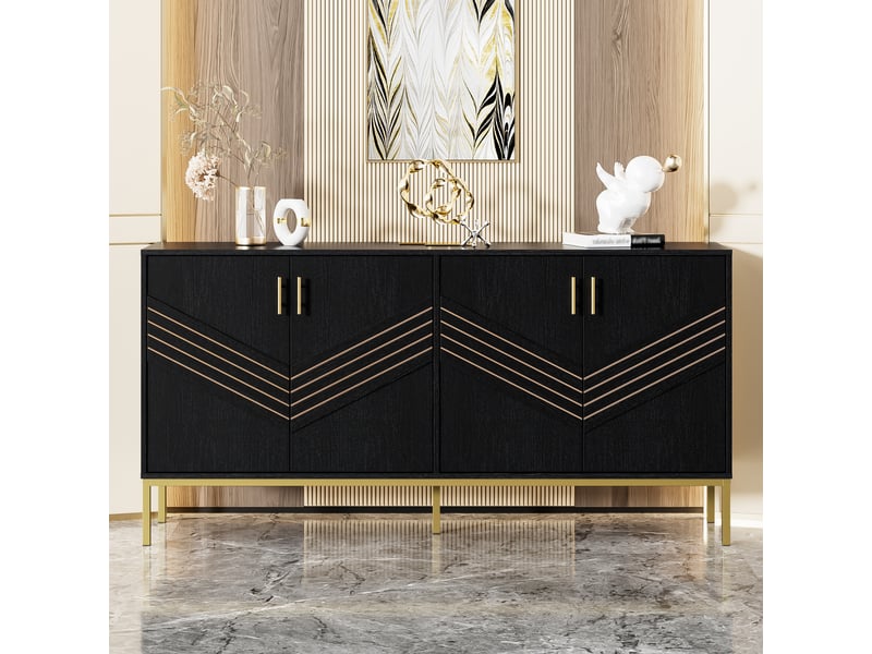  Buffet moderne 4 portes, design noir et doré, corps mdf, pieds métalliques, noir et veinage bois  - Conforama B