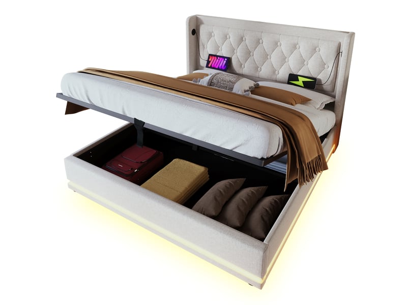  Lit double 160x200 cm avec rangement hydraulique, port usb type-c, led 3 côtés, coton beige, sans matelas  - Conforama A