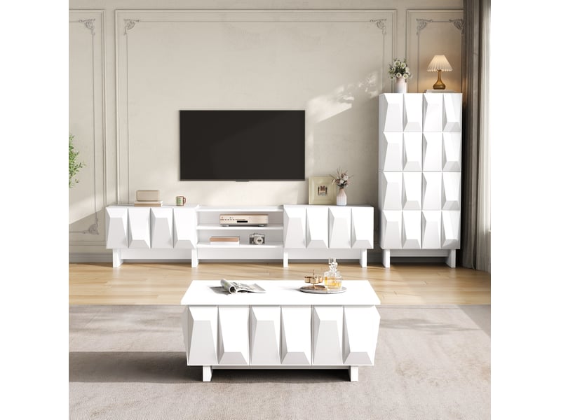  Ensemble de salon 3 pièces blanc – meuble tv, buffet et table basse à façades 3d  - Conforama C