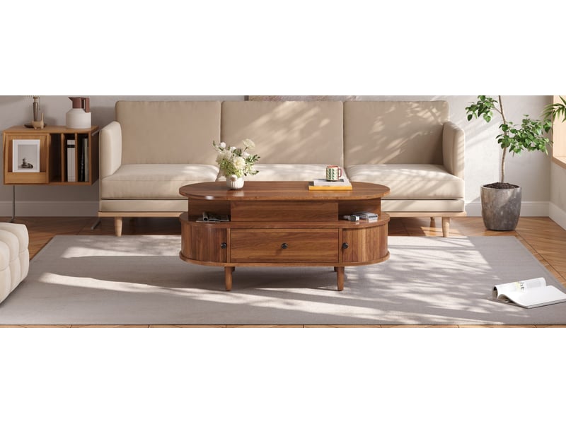 Table basse ovale 105x50 cm noyer mdf, plateau relevable hydraulique avec rangements et portes coulissantes - Conforama B