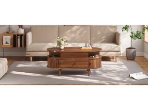 Table basse ovale 105x50 cm noyer mdf, plateau relevable hydraulique avec rangements et portes coulissantes