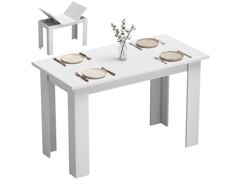  Table à manger pour 4 personnes avec plateau relevable et rangements cachés, 120 x 60 x 75,5 cm, blanc  - Conforama A