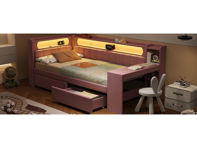 Lit enfant 90x200, ports usb lit combine enfant, led multicolore, bureau intégré, 2 tiroirs rangement, structure bois - Conforama A