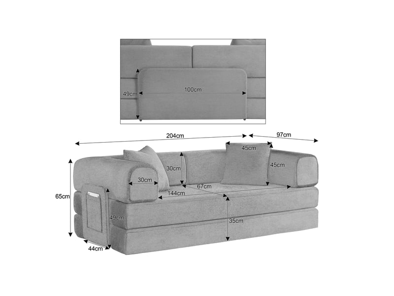  Canapé convertible modenvie 3 places en velours côtelé terracotta 204 x 97 x 65 cm avec 2 coussins  - Conforama C
