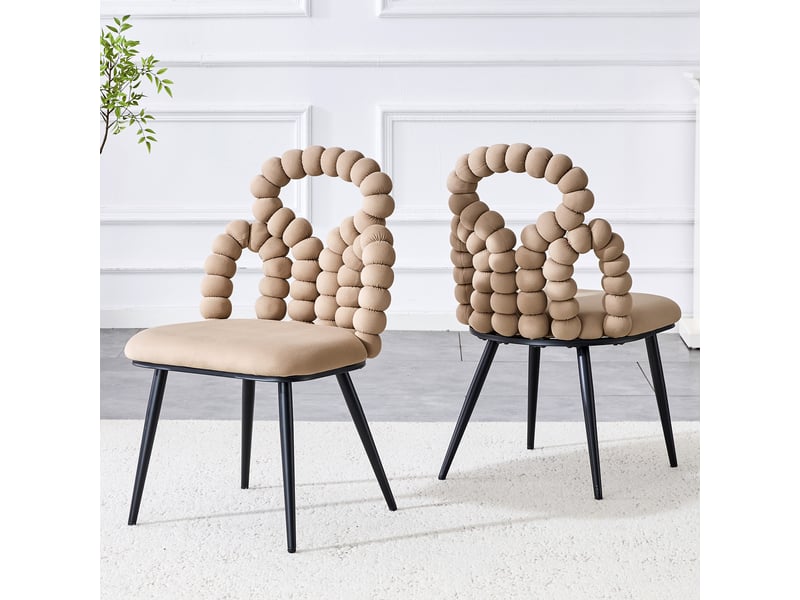  Lot de 2 chaises 48x50x86 cm dossier ouvert à chaîne de boules assise velours moelleuse, pieds métal, camel clair  - Conforama R