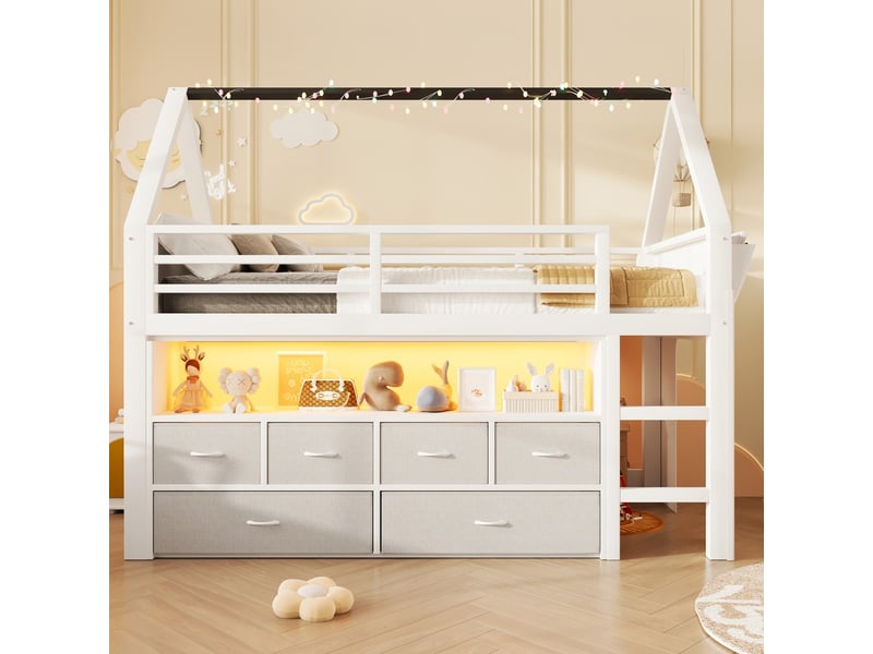  Lit mezzanine, coloris blanc, matière bois, couchage 90x200 cm, dimensions : 204 x 100 x 170 cm  - Conforama D