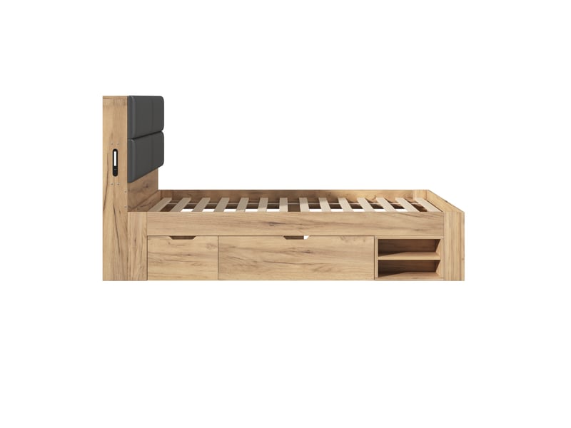  Lit enfant 90x200 cm, lit simple avec rangement, usb, usb-c et tête de lit en pu, naturel, sans matelas  - Conforama D