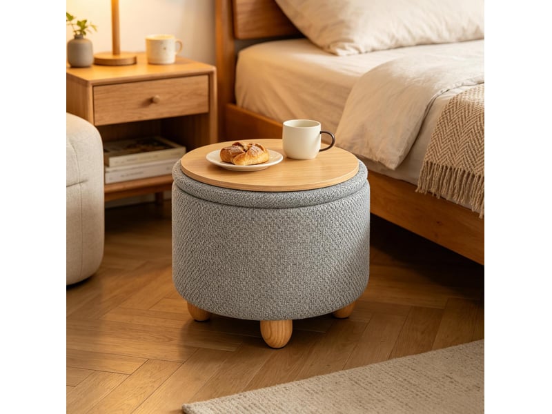 Fauteuil pouf de rangement avec plateau et structure stable, pour salon et entrée, en lin et mdf, gris clair  - Conforama B