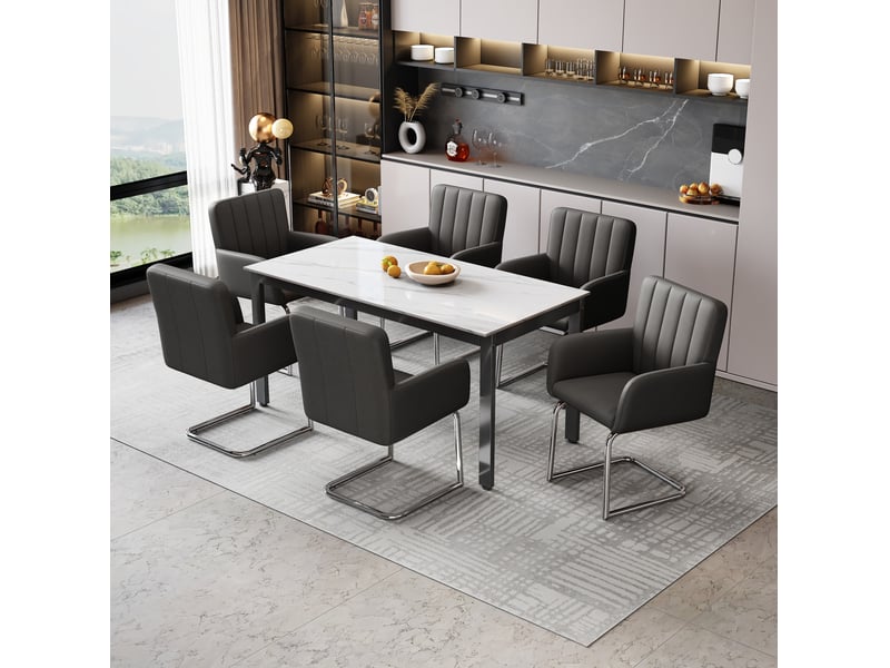  Lot de 6 chaises de salle à manger avec accoudoirs, revêtement en polyuréthane noir et pieds en métal  - Conforama B