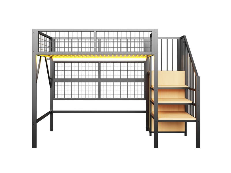  Lit mezzanine avec led connectée et rangements, métal noir, 90x200 cm, escalier et penderie ouverte  - Conforama A