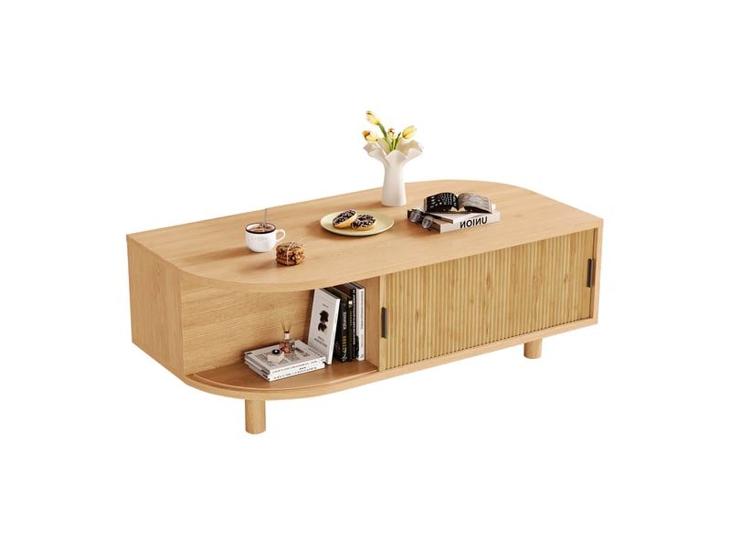 Table basse 100x50x35 cm avec 2 portes coulissantes, finition bois naturel - Conforama A