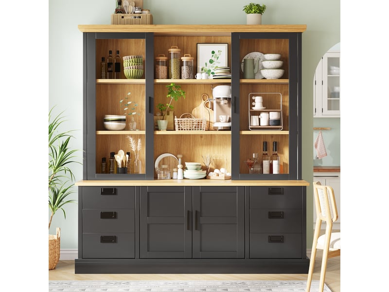  Colonne de cuisine avec 6 tiroirs, 6 niches et portes vitrées, fixation murale, en mdf, 140×40×185 cm, noir  - Conforama C