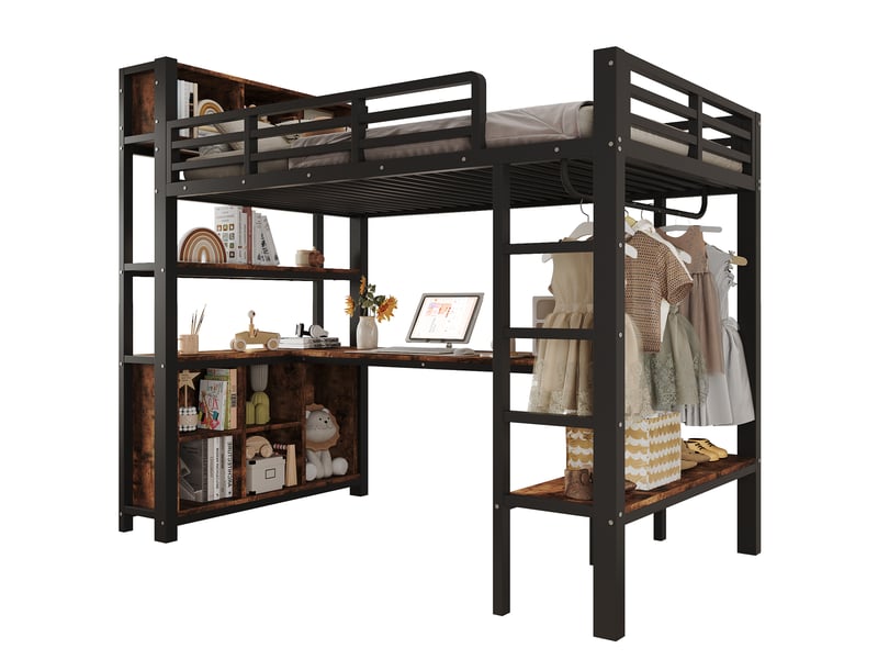 Lit mezzanine 90x200 cm avec bureau, tringle à vêtements, étagères et rangements, métal et mdf, noir OMNIGLINT TRADING LTD - Conforama A