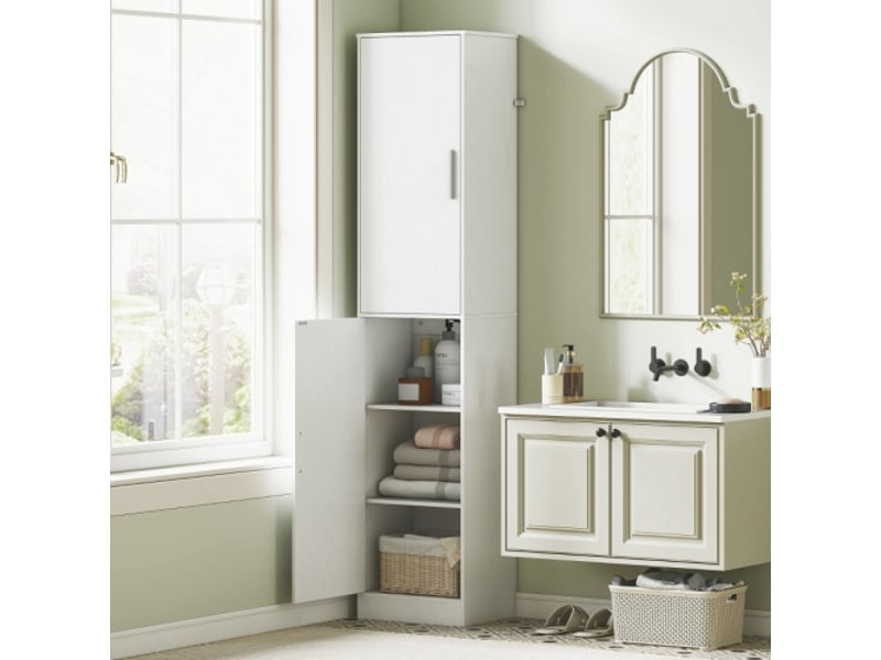 Colonne de salle de bain blanche 40x35x180 cm, 2 portes, étagères réglables, meuble étroit - Conforama E