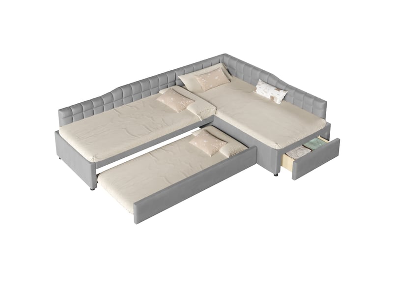 Lit superposé en l 90x200 cm avec lit gigogne, tiroirs et velours gris, sans matelas - Conforama A