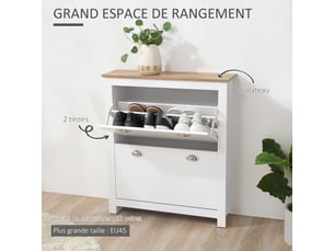Meuble à chaussures 12 paires, armoire à chaussures étroite avec 2 tiroirs rabattables et étagères réglables, poignées coquilles métal, pour couloir, entrée, blanc et chêne, 79 x 23 x 90,5 cm