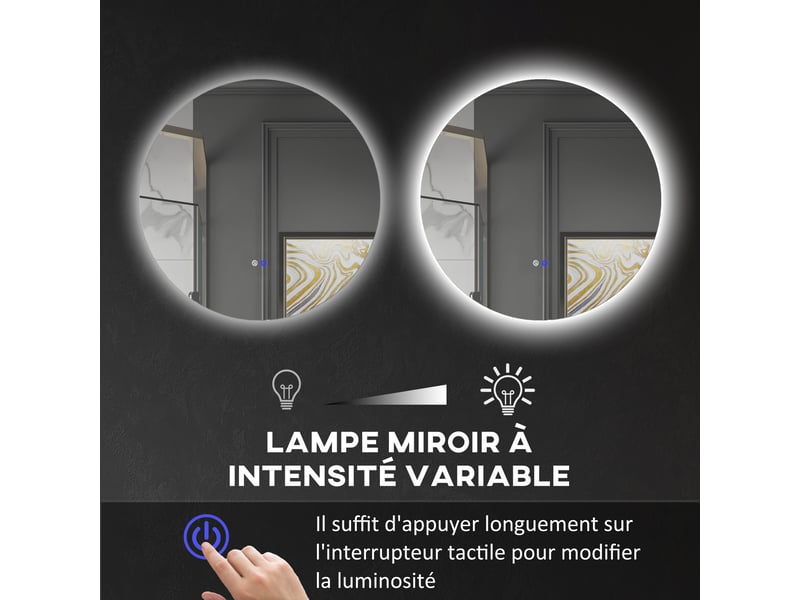 Miroir rond lumineux led de salle de bain ø 60 cm mural avec éclairage interrupteur tactile système antibuée 29 w gris - Conforama E