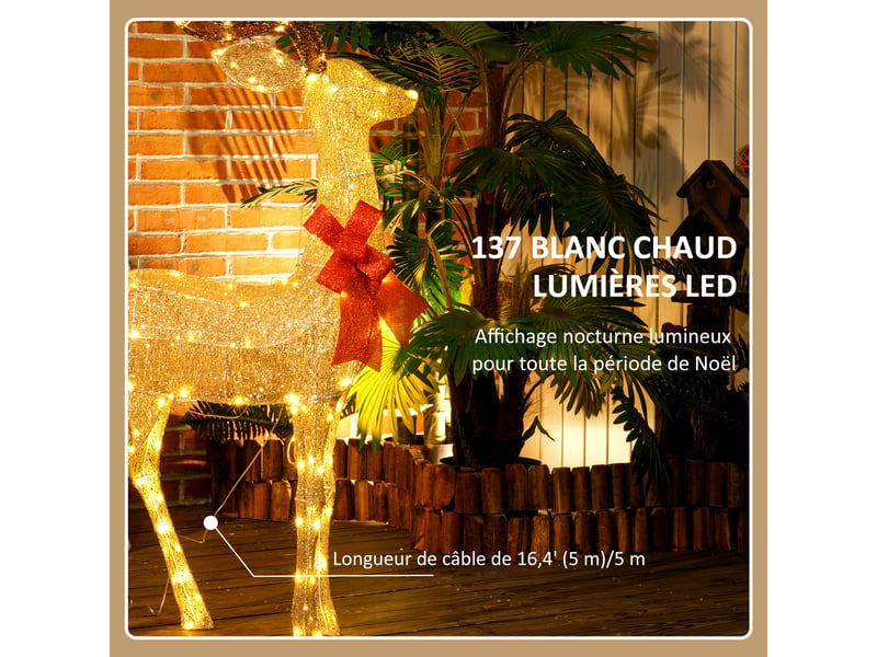  Renne de noël lumineux, décoration renne lumineux noël en acier, avec 137 led blanc chaud, 66 x 25 x 135 cm, or  - Conforama E