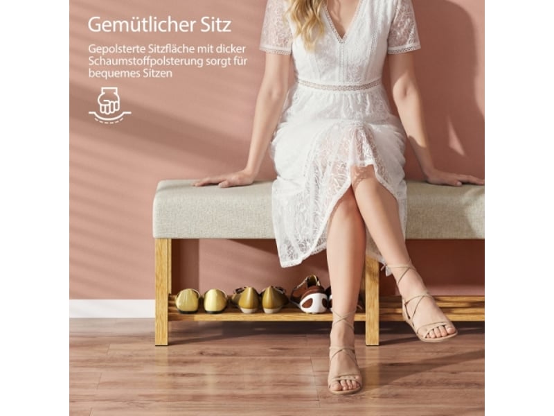  Banc à chaussures 140 cm en bois massif, assise rembourrée 2 places, bois naturel et crème  - Conforama D