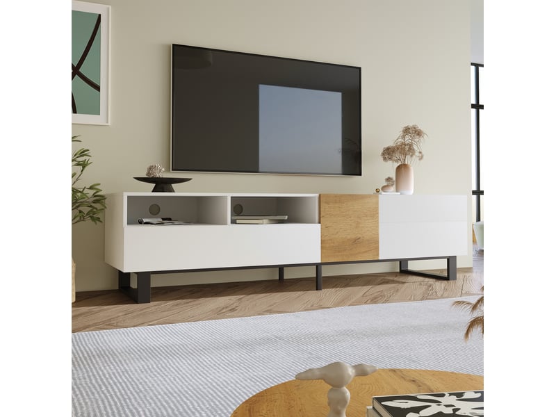  Meuble tv modenvie blanc et décor bois 180 x 38 x 50 cm avec 2 tiroirs et 2 portes  - Conforama E