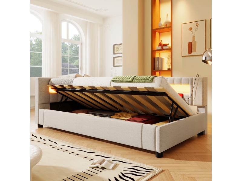  Lit jour avec rangement hydraulique en lin beige 90x200 cm  - Conforama E