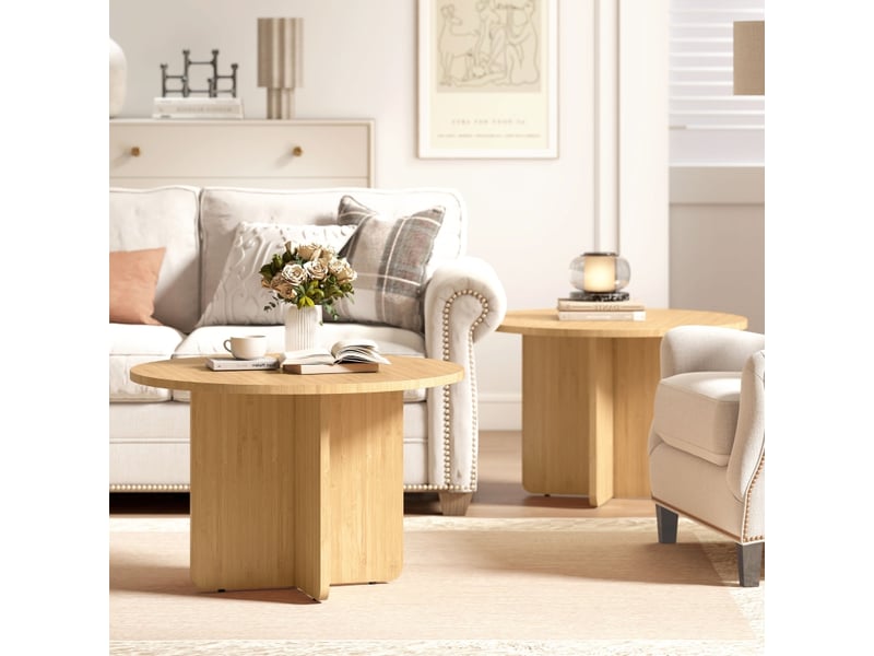  Table basse ronde en bambou à piètement croisé et pieds réglables pour salon 66×66×45 cm bois naturel  - Conforama C