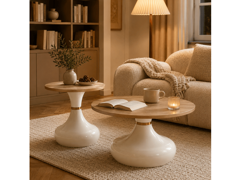  Tables basses gigognes rondes 2 pièces, plateaux mdf effet travertin, piètements métal blanc et doré, ø 70 cm  - Conforama B